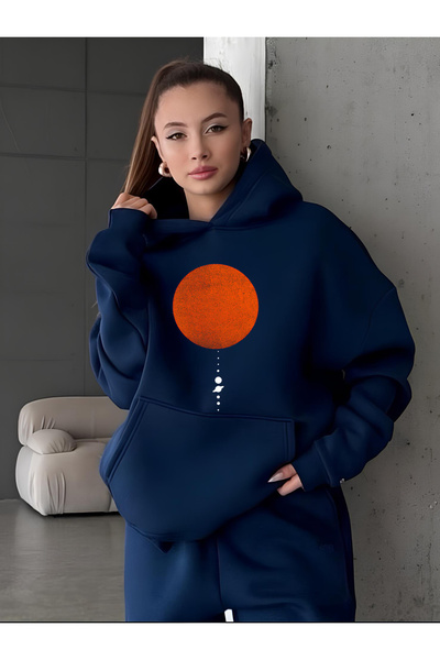 vikitekno Γυναικείο φούτερ με κουκούλα Planets με τύπωμα oversized ΣΚΟΥΡΟ ΜΠΛΕ