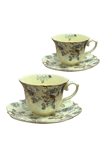 JOVY Vintage Porcelain Service 2 Cups and Saucers, GOLDEN LEAF