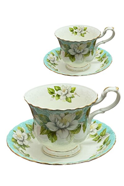 JOVY Vintage Royal Porcelain Service, 2 Cups and Saucers, AQUA MAGNOLIA