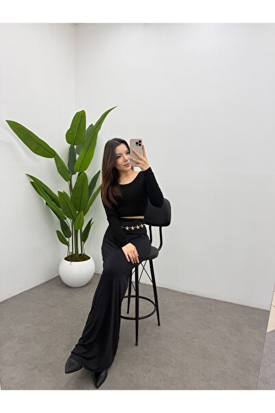 Ladima Women's Black Stretch Fabric High Waist Fitted Relaxed Polyamide Maxi Basic Skirt