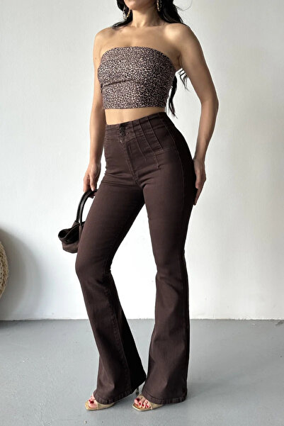 Coşkun GİYİM Women's Pensli Flared Jeans Trousers Brown 7021-78