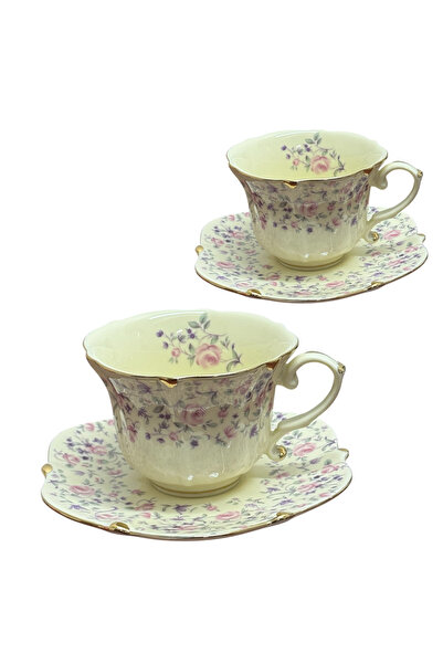 JOVY Vintage Porcelain Service 2 Cups and Saucers, PINK FLORAL
