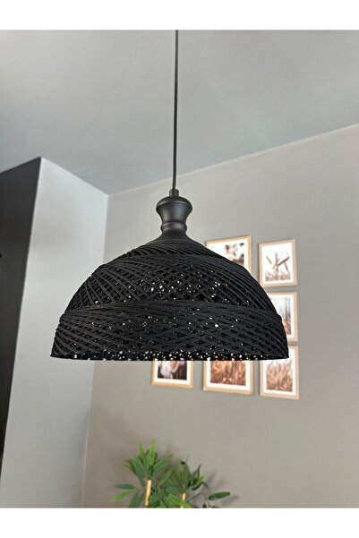 Bamyum Bohem Recycle İplik Jüt El Yapımı Siyah Tekli Avize Siyah Tokmak Başlı...