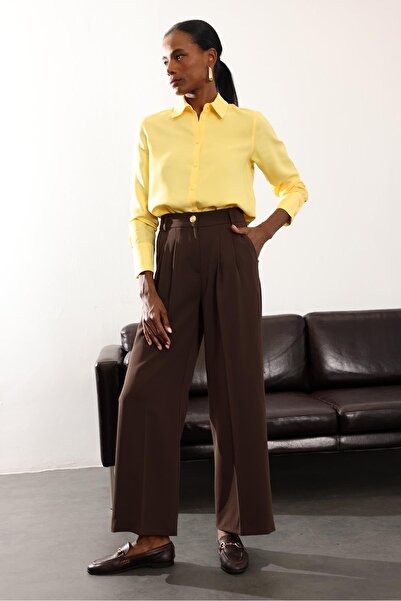 5in1Canpolat Brown Gold Buttoned Palazzo Pants 4386
