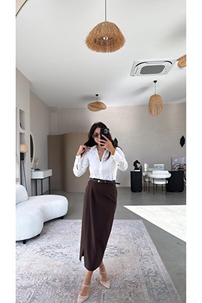 Buket Teke Коричнева спідниця з поясом з тканини крувазе