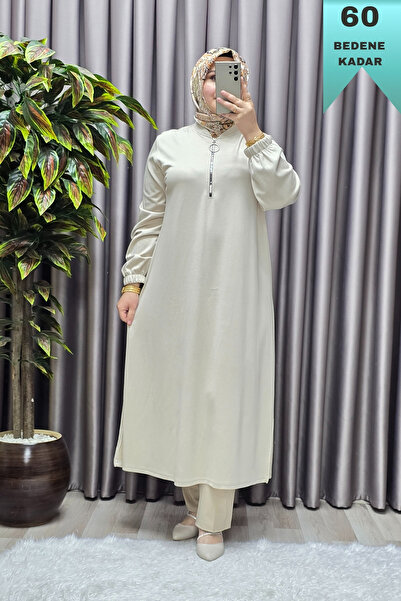 Elmas Tesettür Kadın Tesettür Giyim Büyük Beden Fermuarlı Jumbo Uzun Tunik