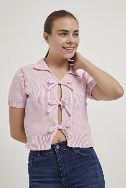 Arma Life Armalife 4821 Short Sleeve Front Lace-Up Collar Knitwear Women's Cardigan