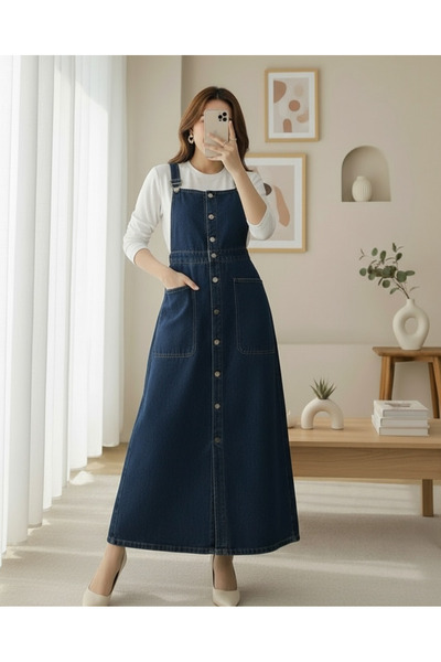 MissRunin Boydan Düğmeli Çift Cepli Kot Salopet