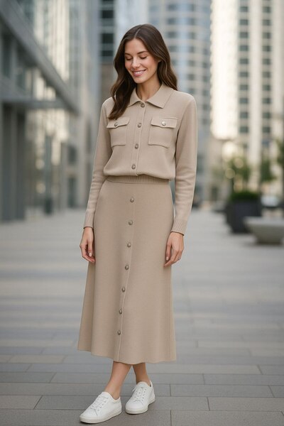 GİYSİ DÜNYASI 57 Tricot Fabric Buttoned Shirt Skirt 2-Piece Set