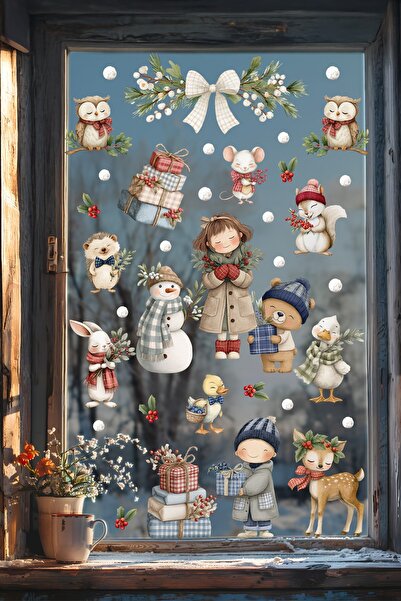 MSticker Winter Tale Glass Sticker Set – Cute Animals and Children Figures, Double-Sided Printing, 98 Pieces