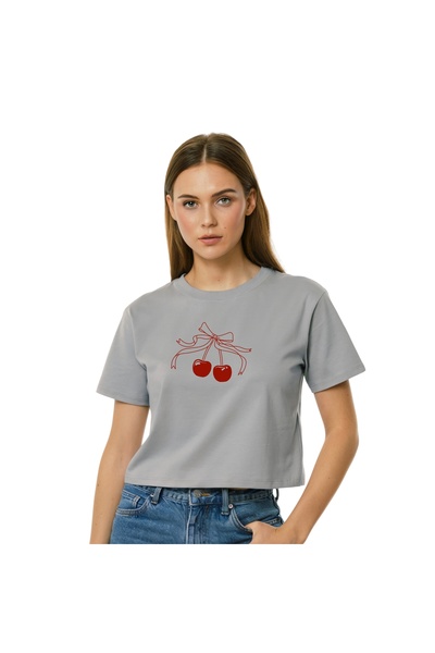Kadın Cherry Kiraz Baskılı Organik Pamuk / Yumuşak, Kısa Kollu, Bisiklet Yaka, Örme Crop Top T-Shirt