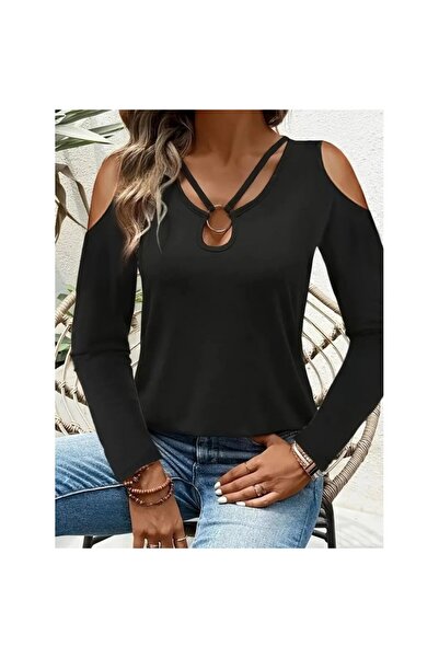 vuvutasarım Women's Off-The-Shoulder Long Sleeve Ring at Neck Striped Detail Viscose Blouse 29167