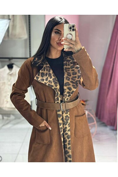 inci bayan giyim LEOPAR DESENLİ KEMERLİ TRENÇKOT