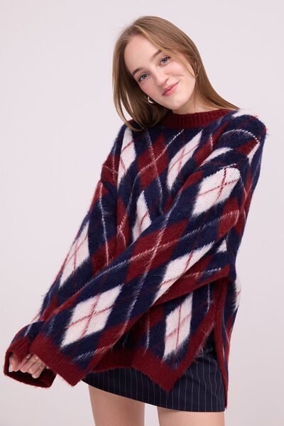 mahira collection Women's Crew Neck Diamond Pattern Side Slit Fleece-Lined Kn...