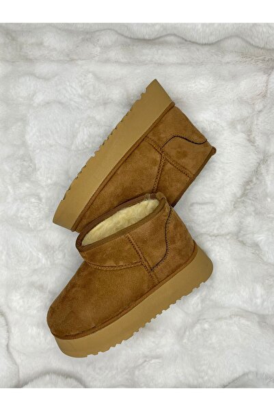 EM SHOESS Taba Rengi Süet Ve İçi Kürk Detaylı Mini Classic Platform Kadın Bot