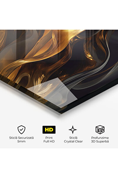 Arthub Glass Painting, Bedroom and Living Room, Abstract with Lines, Gold With Black Wave