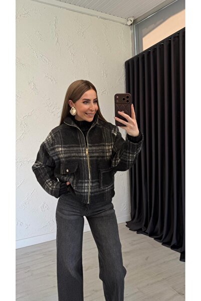 elif teke سترة بومبر منقوشة بسحاب ذهبي مدخنة