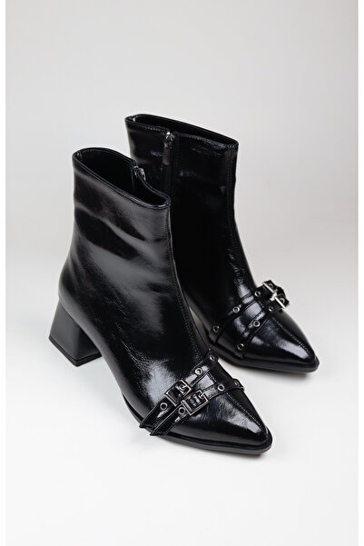 NiceDiffer Pointed Toe Double Buckle Detail Black Short Thick Heel Women's Boots