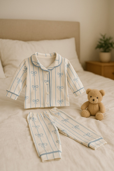 AKİ MODA KİDS Boy Girl Baby Unisex Bow Patterned Cotton Top and Bottom 2-Piece Pajama Set