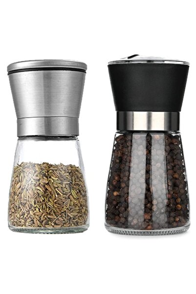 Cozevdnt Spice Grinder Set, 2 pcs, Adjustable, Black, Glass/Stainless Steel