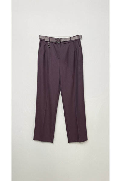 Acn Kadın Rahat Kalıp Kemerli Düz Kesim Kumaş Pantolon Ofis - Bordo