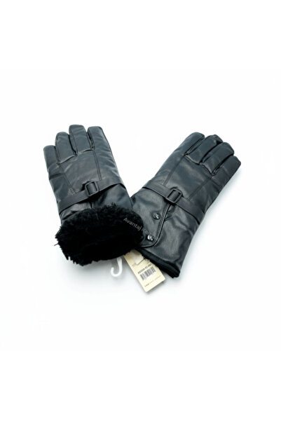 Mustran Suyutti Men'S/Unisex Black Leather Fur Gloves - Zippered, Buckle Style Detailed Model