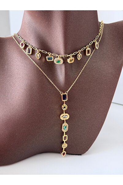 ACCESSORYHUB Renkli Taş Detaylı Gold Çelik Kolye Kombini – Çift Katlı Şık & G...