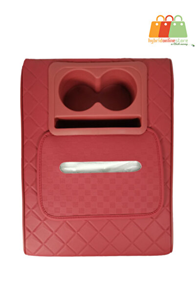 Generic مسند ذراع السيارة مع حاملي أكواب مزدوجين وعلبة مناديل - جلد أحمر