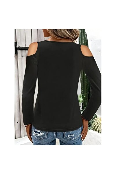 vuvutasarım Women's Off-The-Shoulder Long Sleeve Ring at Neck Striped Detail Viscose Blouse 29167