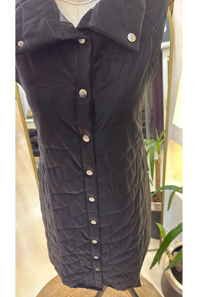 Invee Knitwear Detailed Snap Fastener Patent Leather Vest 7181 Black