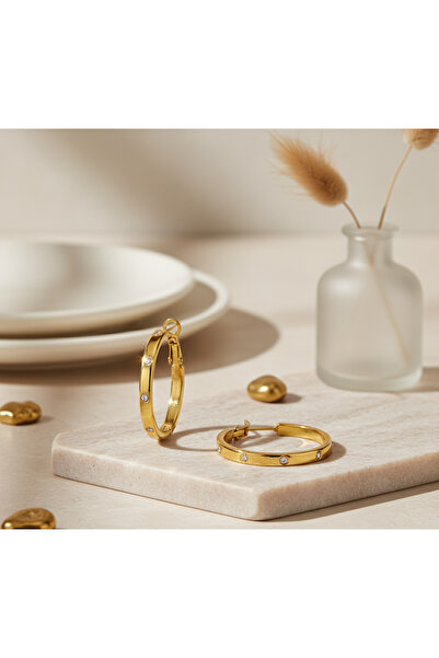 Cosmia Shine Paslanmaz Çelik Zirkon Taşlı Gold Halka Küpe