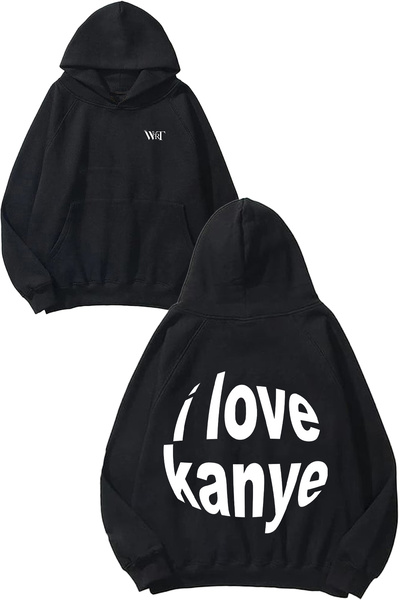 THEWERT سويت شيرت I Love Kanye West Design Back مطبوع أسود بغطاء رأس