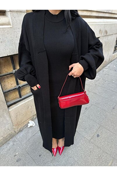 GİYSİ DÜNYASI 57 Triko Fabric Long Sleeve Cardigan Dress with Pockets 2-Piece Set