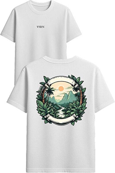 VSRN تصميم مناظر طبيعية بين الأشجار مطبوع تي شيرت أبيض قصة فضفاضة