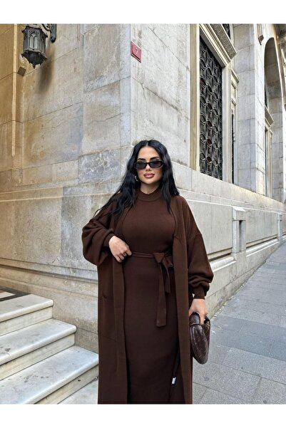 GİYSİ DÜNYASI 57 Triko Fabric Long Sleeve Cardigan Dress with Pockets 2-Piece Set