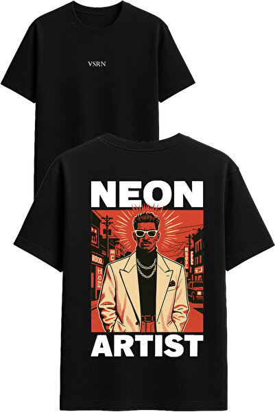 VSRN تي شيرت نيون آرت ديزاين مطبوع أسود قصة فضفاضة