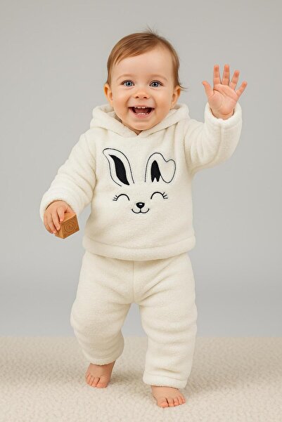 nevrankids Rabbit Embroidered Welsoft 2-Piece Baby Set (with Ears Hooded) - Ecru