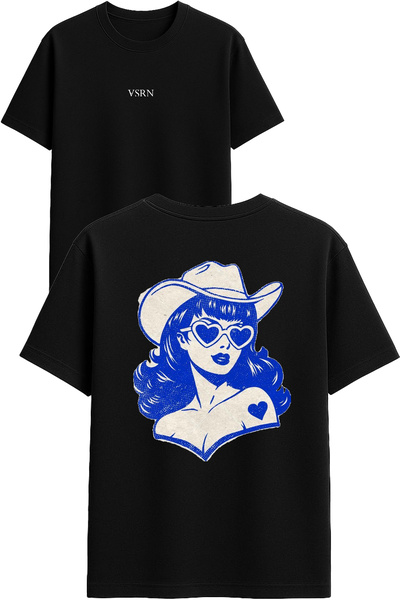 VSRN تي شيرت نسائي أزرق جميل تصميم مطبوع أسود قصة فضفاضة