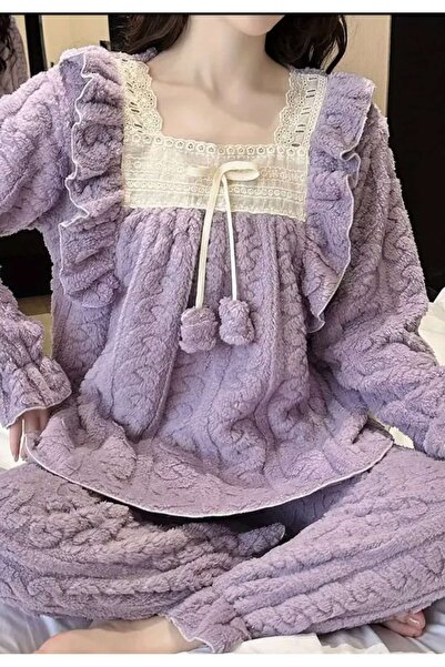 ÇEÇEN HOME Set de pijamale în stil prințesă de iarnă pentru femei, îmbrăcăminte dulce și drăguță pentru acasă cu detaliu de panglică