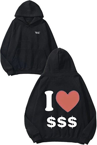 THEWERT I Love Money Design Rucsac cu imprimeu Negru cu glugă Swea tricou