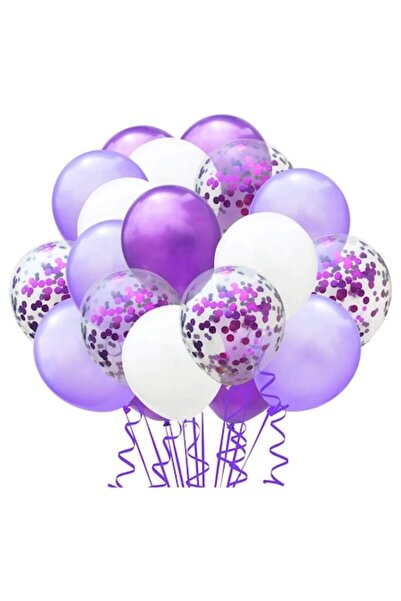 DELPI Set of 60 Latex Balloons for Party Decoration - Lilac, Purple, White, White with Purple Confetti