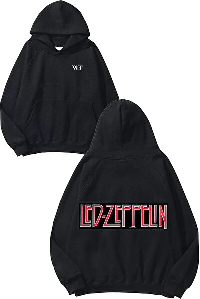 THEWERT سويت شيرت ليد زيبلين مطبوع أسود بغطاء رأس بتصميم رجعي