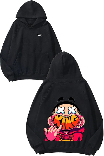 THEWERT King 1 Design Spate cu imprimeu Negru cu glugă Swea tricou