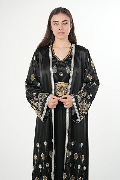 al bent al sharqieh Moroccan embroidered satin kaftan dress with a waist belt