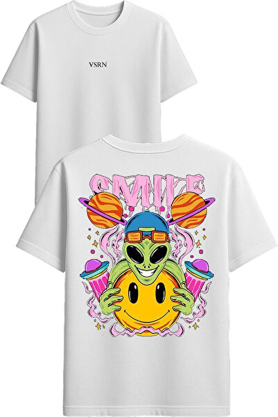 VSRN تي شيرت سمايل ديزاين مطبوع أبيض قصة فضفاضة