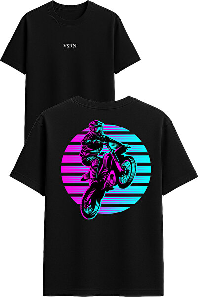 VSRN تي شيرت موتوكروس ديزاين مطبوع أسود قصة فضفاضة
