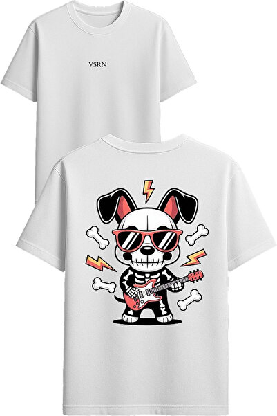 VSRN تي شيرت روكشي دوج تصميم مطبوع أبيض قصة فضفاضة