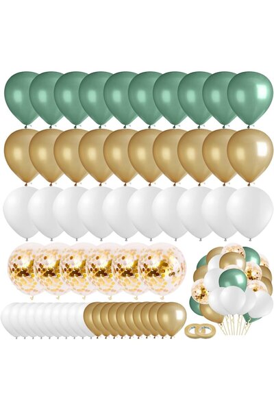 DELPI Set of 80 Latex Balloons for Party Decoration - Green, Gold, White, Confetti