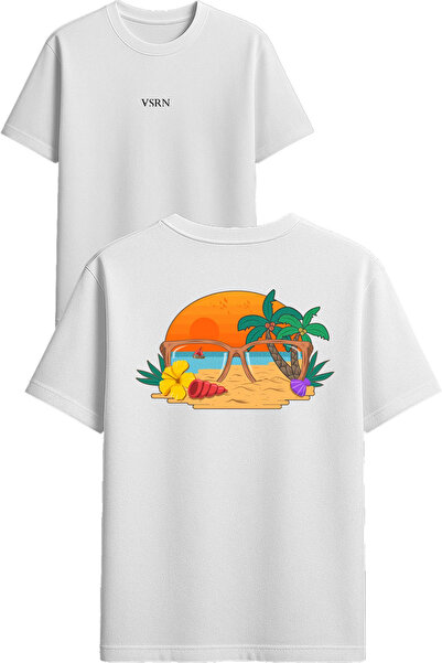 VSRN Tricou supradimensionat alb cu imprimeu pe tema peisajului de la malul m...