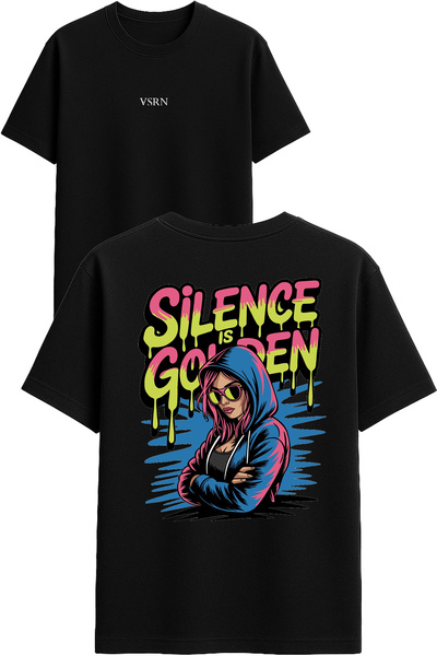 VSRN تي شيرت سايلنس ديزاين مطبوع أسود قصة فضفاضة